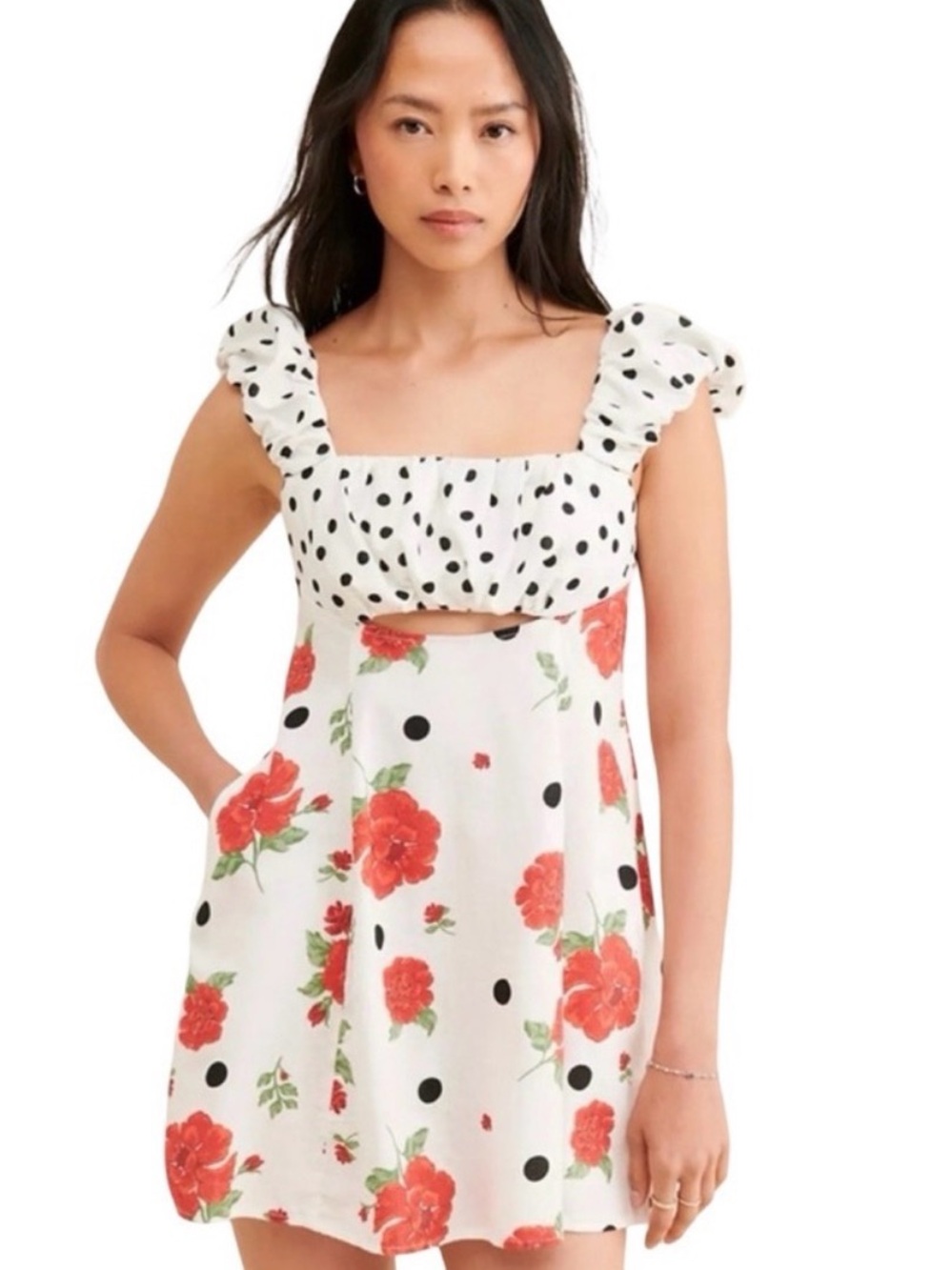White Floral & Polka Dot Sundress with Red Roses
